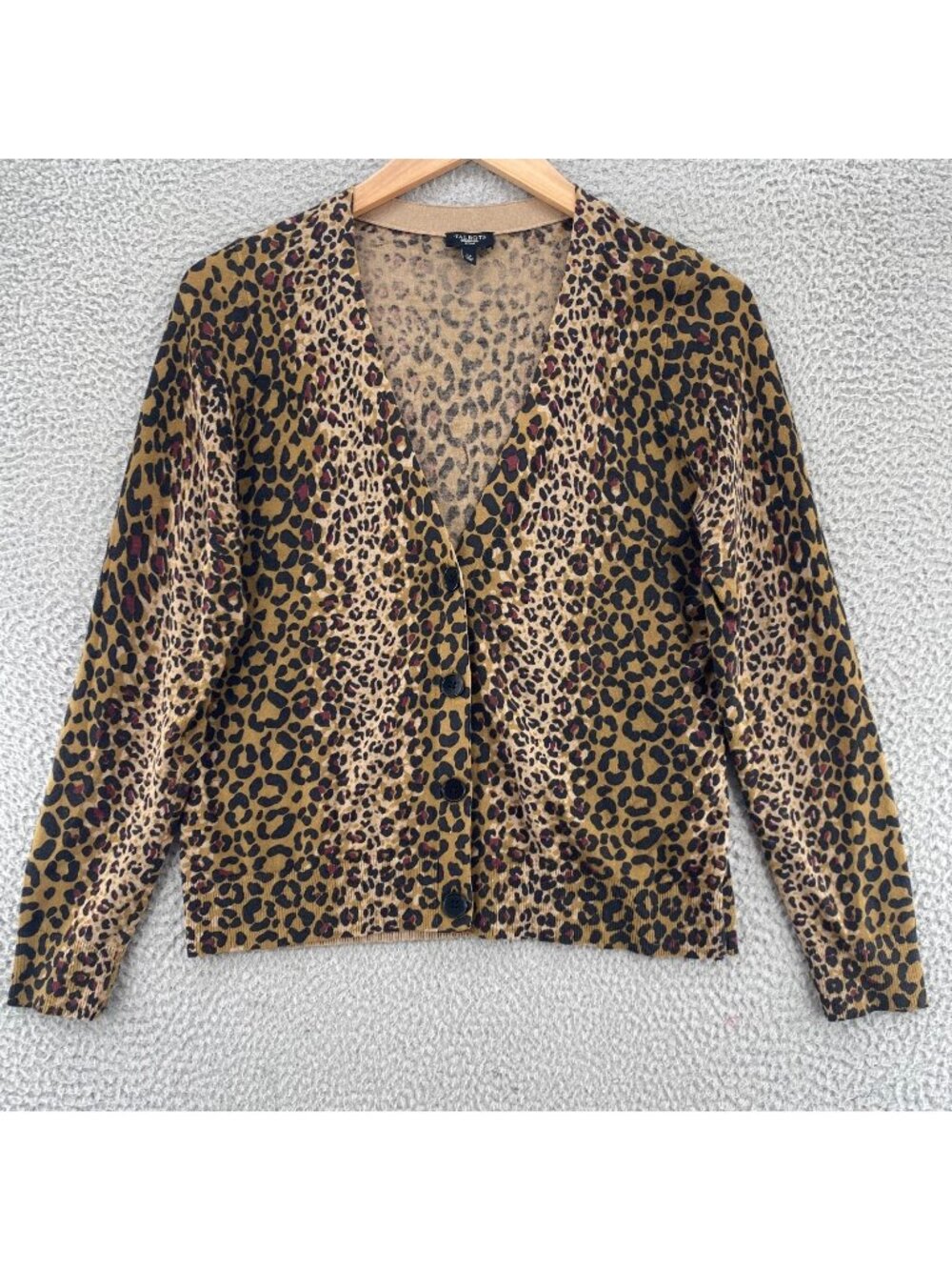 Talbots Sweater Women Large Petite Brown Animal Print Wool Blend Button Cardigan